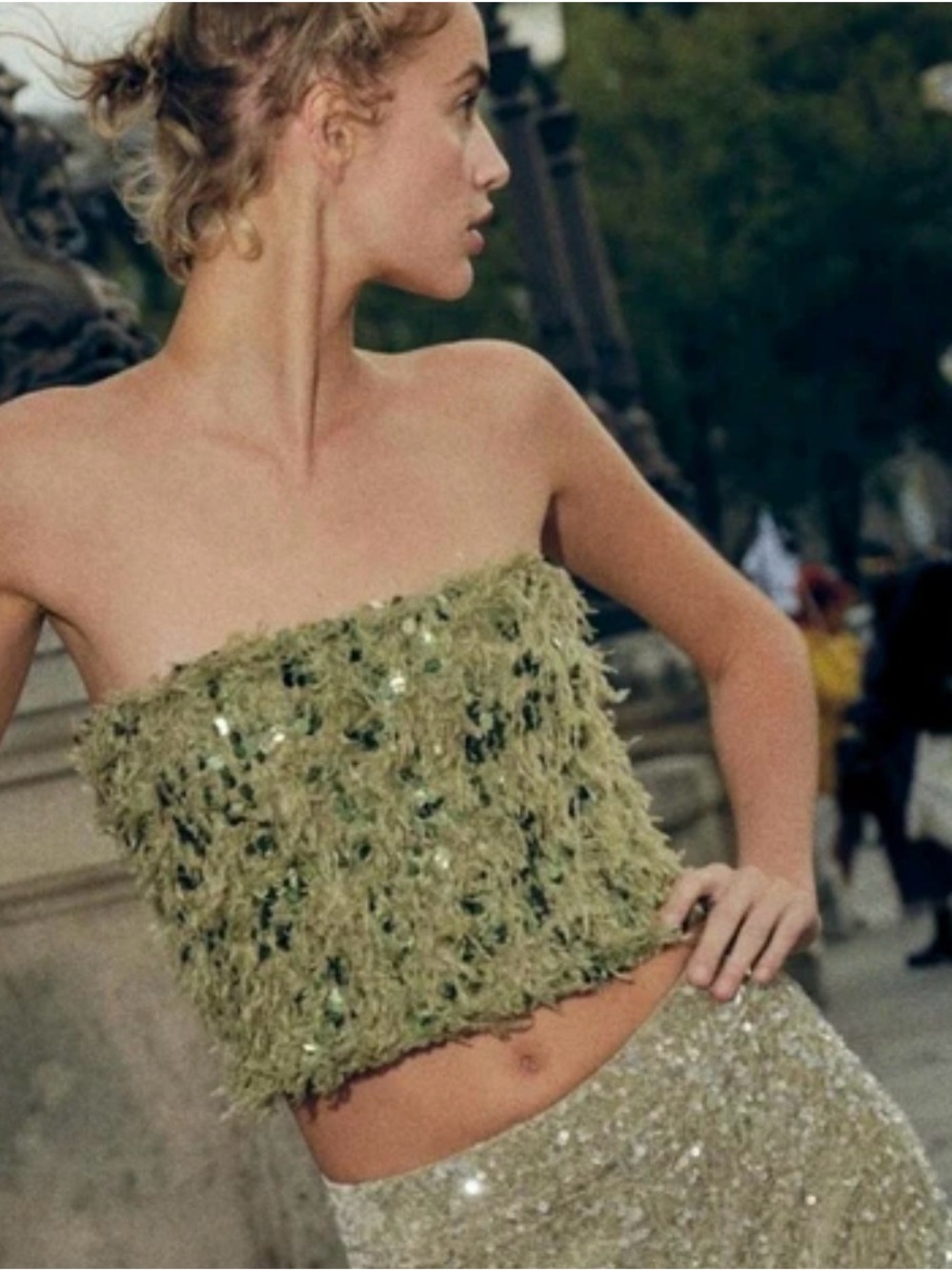 Zara. XS . NWT. Green Sequin Fuzzy Knit Tube Top